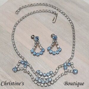 Vintage Rhinestone Necklace Set with Earrings Light Blue & White Rhinestone